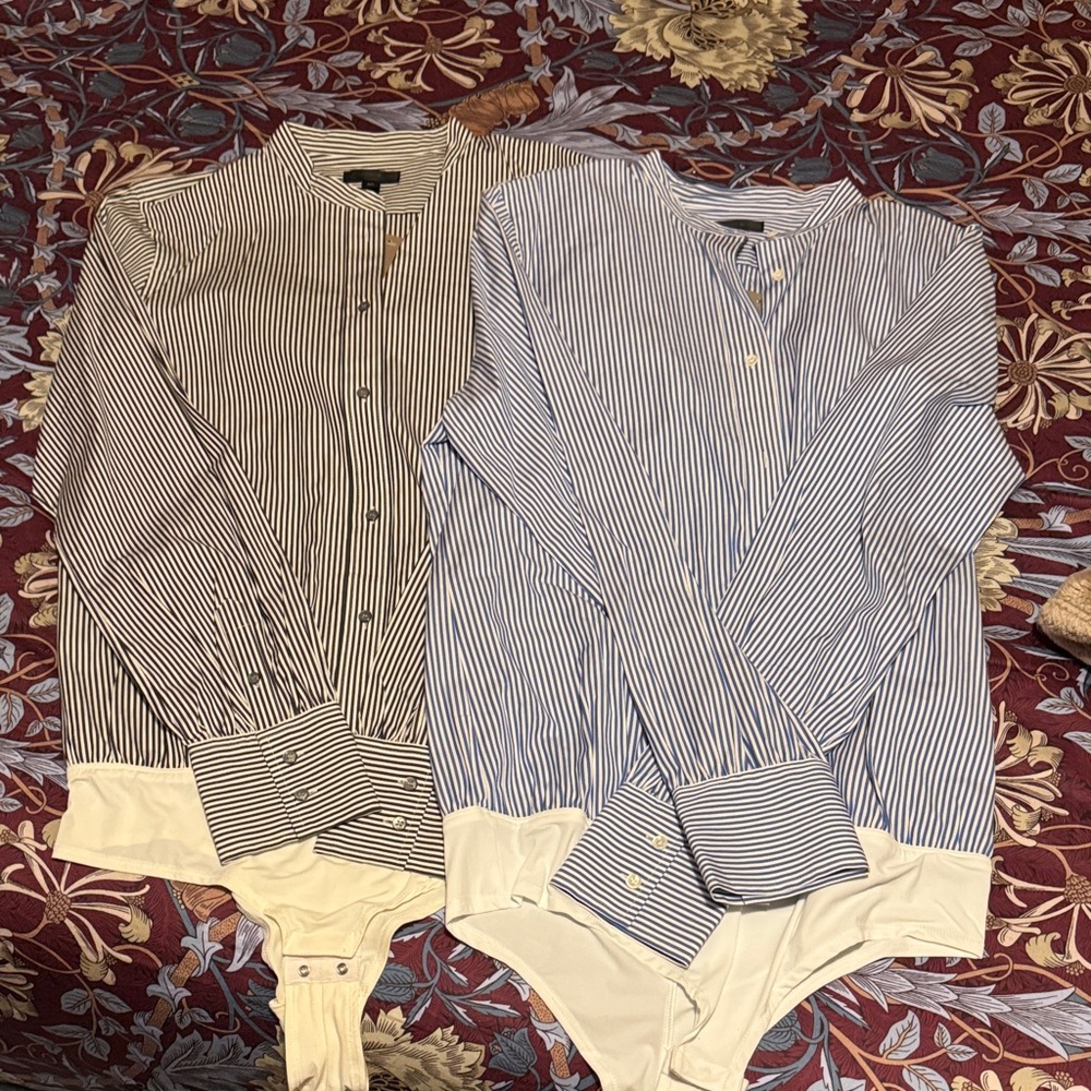 Striped Blue and Black Band-Collar Bodysuit Shirt - NWT JCrew 12T (Tall)